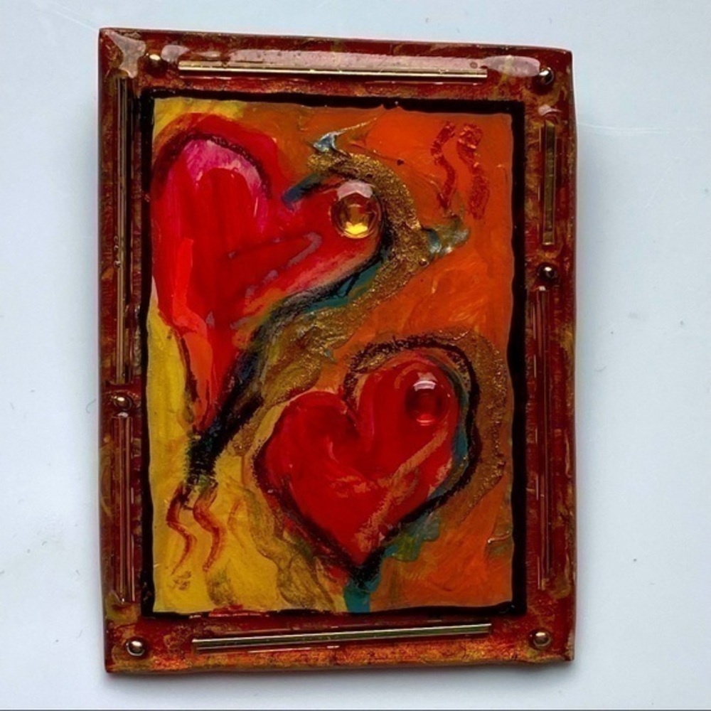 Vintage Red Yellow Acrylic over Paper Art Deco Heart Brooch Pin